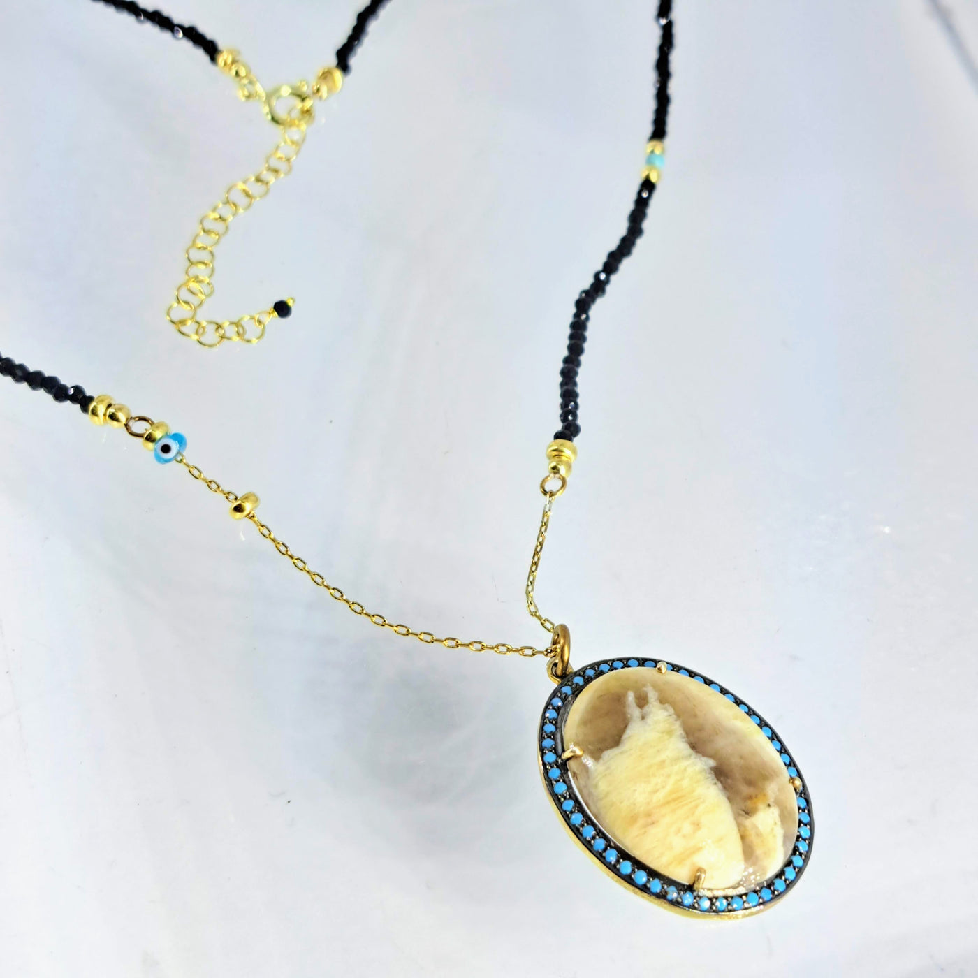 "Eye On The Nut" 15"-17" Necklace - Petrified Peanut Wood, Black Spinel, Nano Turquoise, Lamp-worked Glass,  Gold Sterling