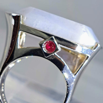 "Blue Lace Beauty" Sz 7 Ring - Blue Lace Agate, Ruby, Anti-tarnish Sterling