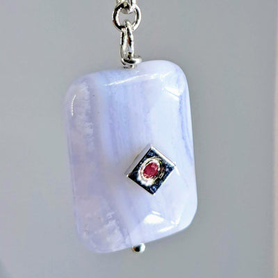 "Blue & Berry Icey" 1.75" Earrings - Blue Lace Agate, Ruby, Anti-tarnish Sterling Lever Backs - Reversible