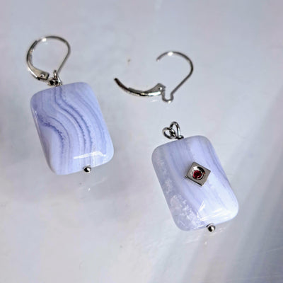"Blue & Berry Icey" 1.75" Earrings - Blue Lace Agate, Ruby, Anti-tarnish Sterling Lever Backs - Reversible