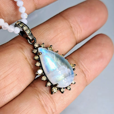 "Champagne & Moonbeams!" 16" - 18" Necklace - Blue-Flash Moonstone, Diamonds, Blue Lace Agate, Sterling