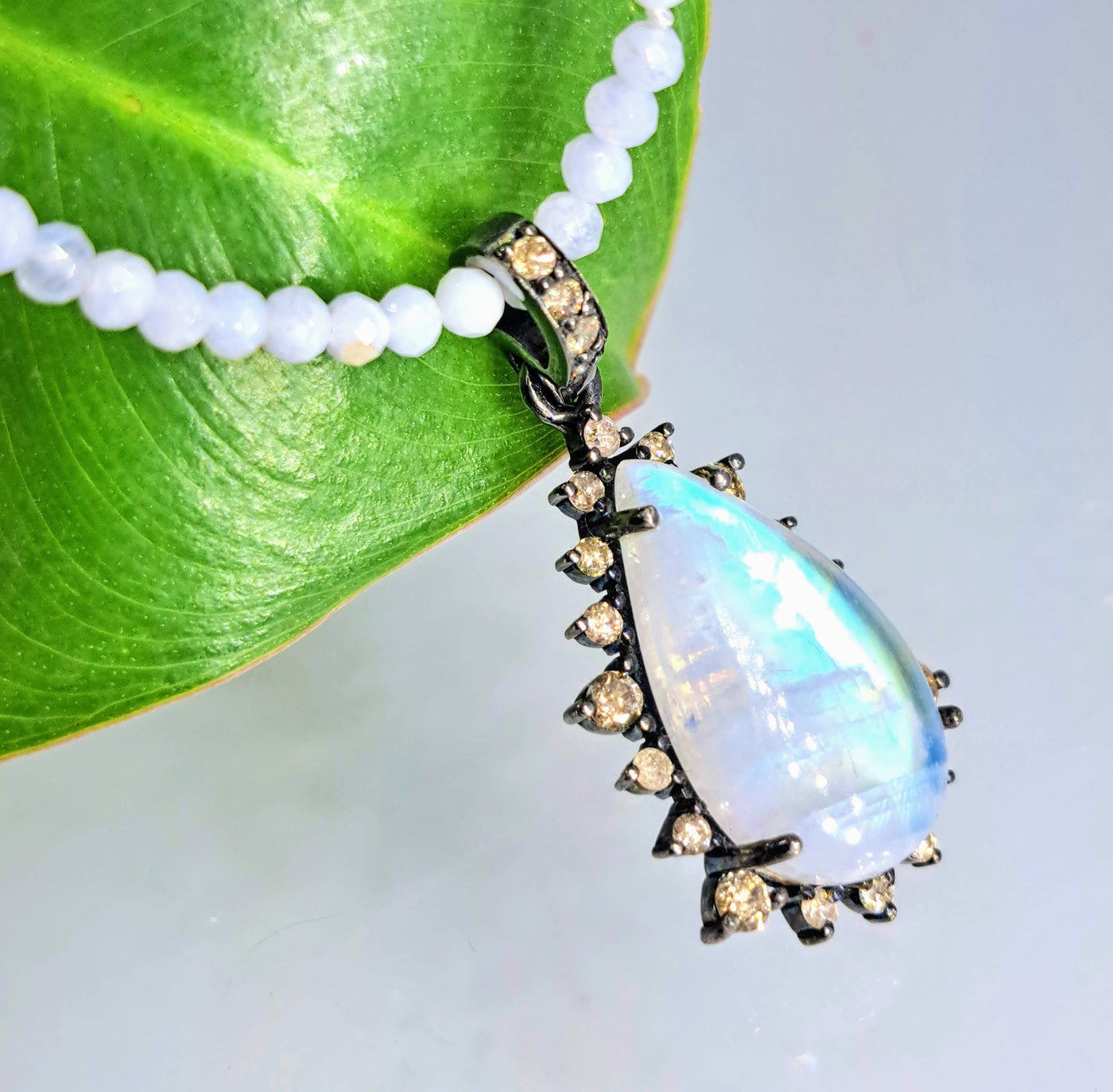 "Champagne & Moonbeams!" 16" - 18" Necklace - Blue-Flash Moonstone, Diamonds, Blue Lace Agate, Sterling
