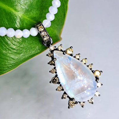 "Champagne & Moonbeams!" 16" - 18" Necklace - Blue-Flash Moonstone, Diamonds, Blue Lace Agate, Sterling
