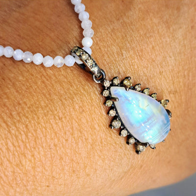 "Champagne & Moonbeams!" 16" - 18" Necklace - Blue-Flash Moonstone, Diamonds, Blue Lace Agate, Sterling