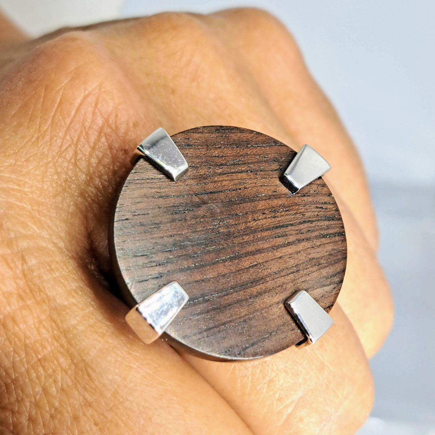 "The Round Table" Size 9 Ring - Wood, Ruby, Anti-tarnish Sterling