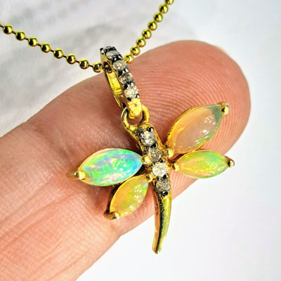 "FLY! Beach, FLY!" 16" Necklace - Opal, Diamonds, 18k Gold Sterling