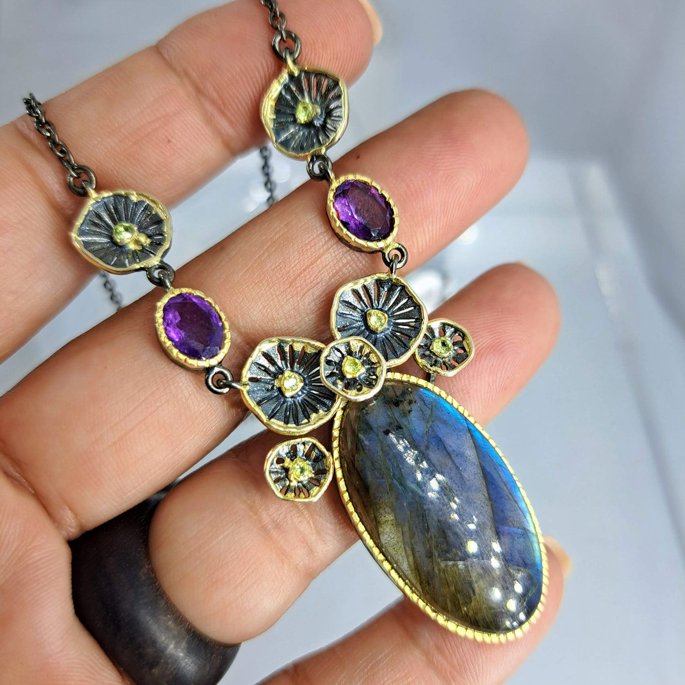 "Wild Violet" 18" - 19" Necklace - Labradorite, Amethyst, Peridot, Black Silver, 18k Accents