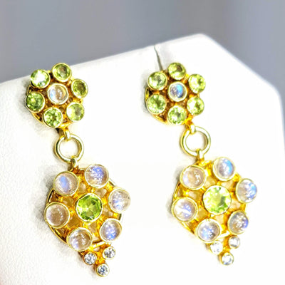 "Moon Blossoms" 1.5" Earrings - Moonstone, Peridot, White Zircon Stone, 18k Gold Sterling