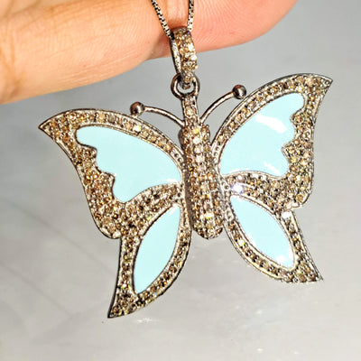 "Flutter" 16" Necklace - Enamel, Diamonds, Oxidized Sterling