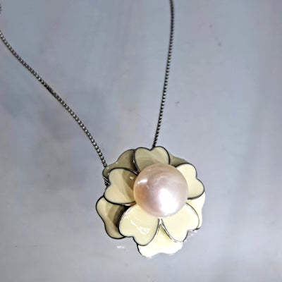"Ghost Orchid" 18" Necklace - Pearl, Enamel, Sterling
