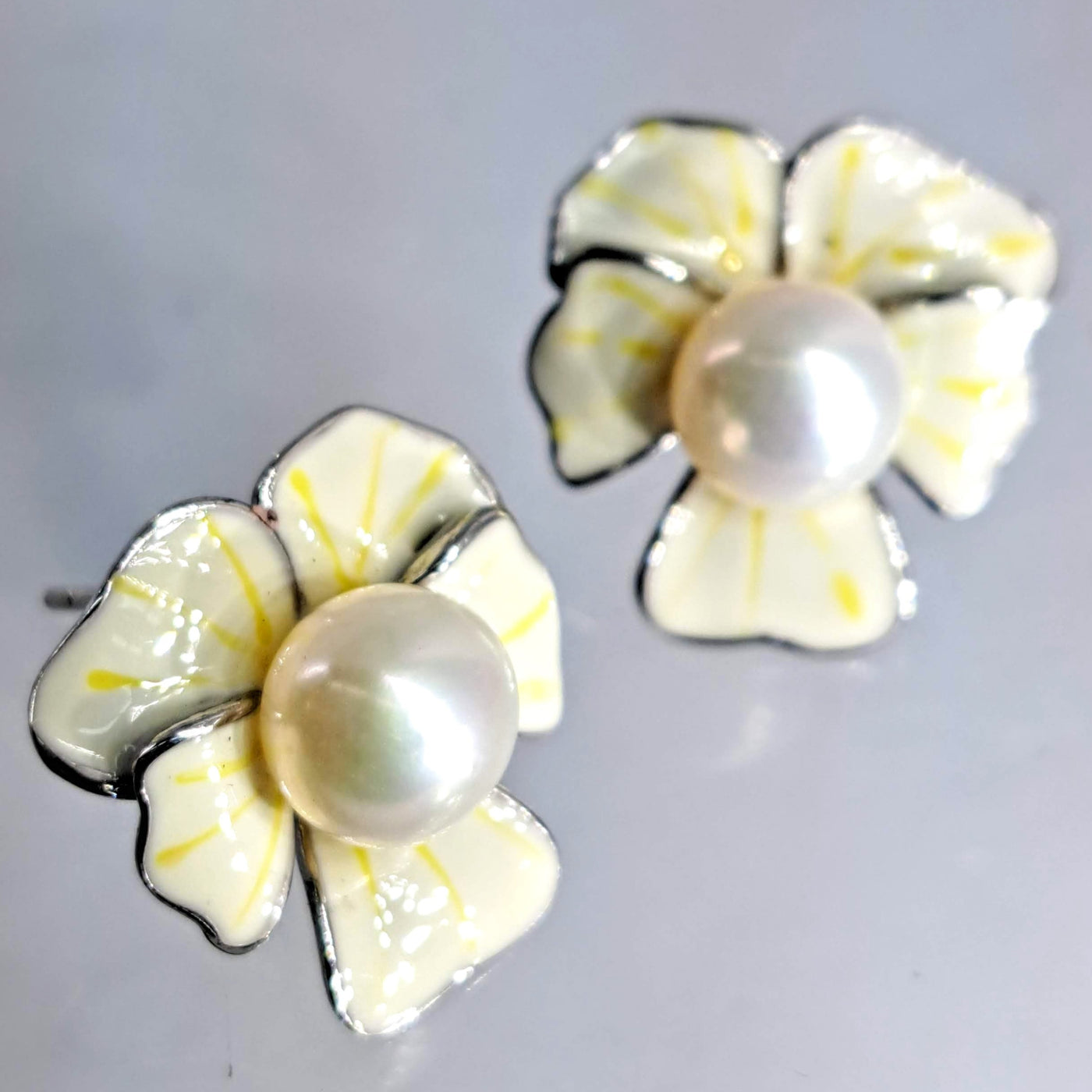 "Ghost Orchid" 1" Earrings - Pearl, Enamel, Sterling