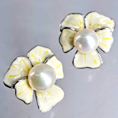 "Ghost Orchid" 1" Earrings - Pearl, Enamel, Sterling