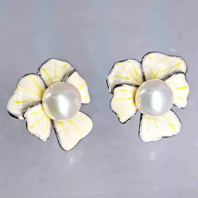 "Ghost Orchid" 1" Earrings - Pearl, Enamel, Sterling