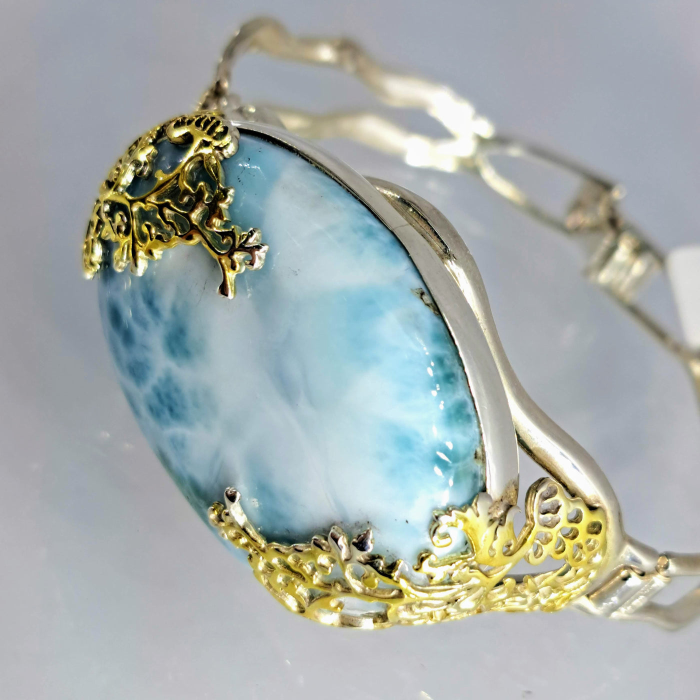 "Coral Reefer" Sz Lg Bracelet (fits up to 8" Wrist) - Larimar, Sterling, 18k