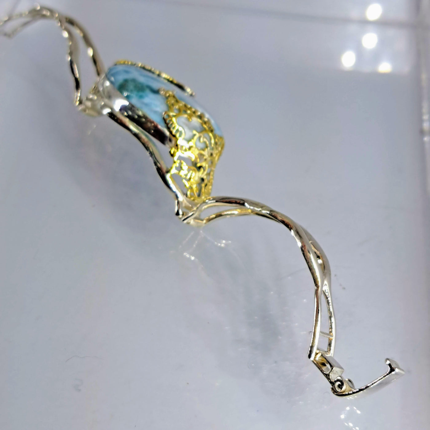 "Coral Reefer" Sz Lg Bracelet (fits up to 8" Wrist) - Larimar, Sterling, 18k