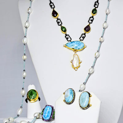 "Aqua-Fina" Pendant Necklace - Aquamarine, Pearl, Sterling