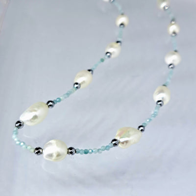 "Aqua-Fina" 36" Necklace - Aquamarine, Pearl, Sterling (+ Enhancer Clip)