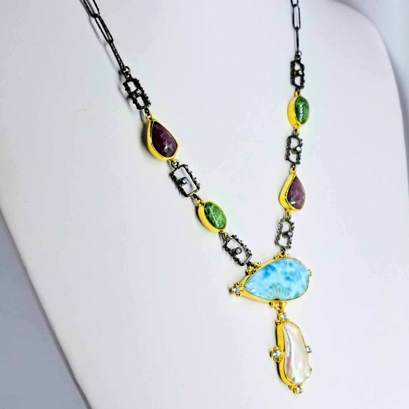 "Key West Casual" Up to 20" Necklace - Larimar, Baroque Pearl, Ruby, Chrome Diopside, Zircon Stone, Black Sterling, 18k