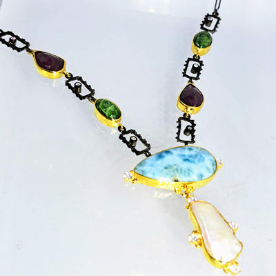 "Key West Casual" Up to 20" Necklace - Larimar, Baroque Pearl, Ruby, Chrome Diopside, Zircon Stone, Black Sterling, 18k