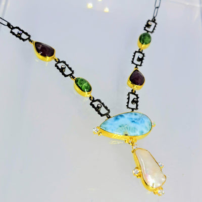 "Key West Casual" Up to 20" Necklace - Larimar, Baroque Pearl, Ruby, Chrome Diopside, Zircon Stone, Black Sterling, 18k