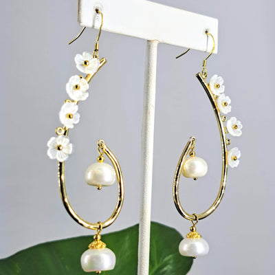 "Pearl Passion Vine" 3" Earrings - Pearl, Mother-of-Pearl, Gold Sterling