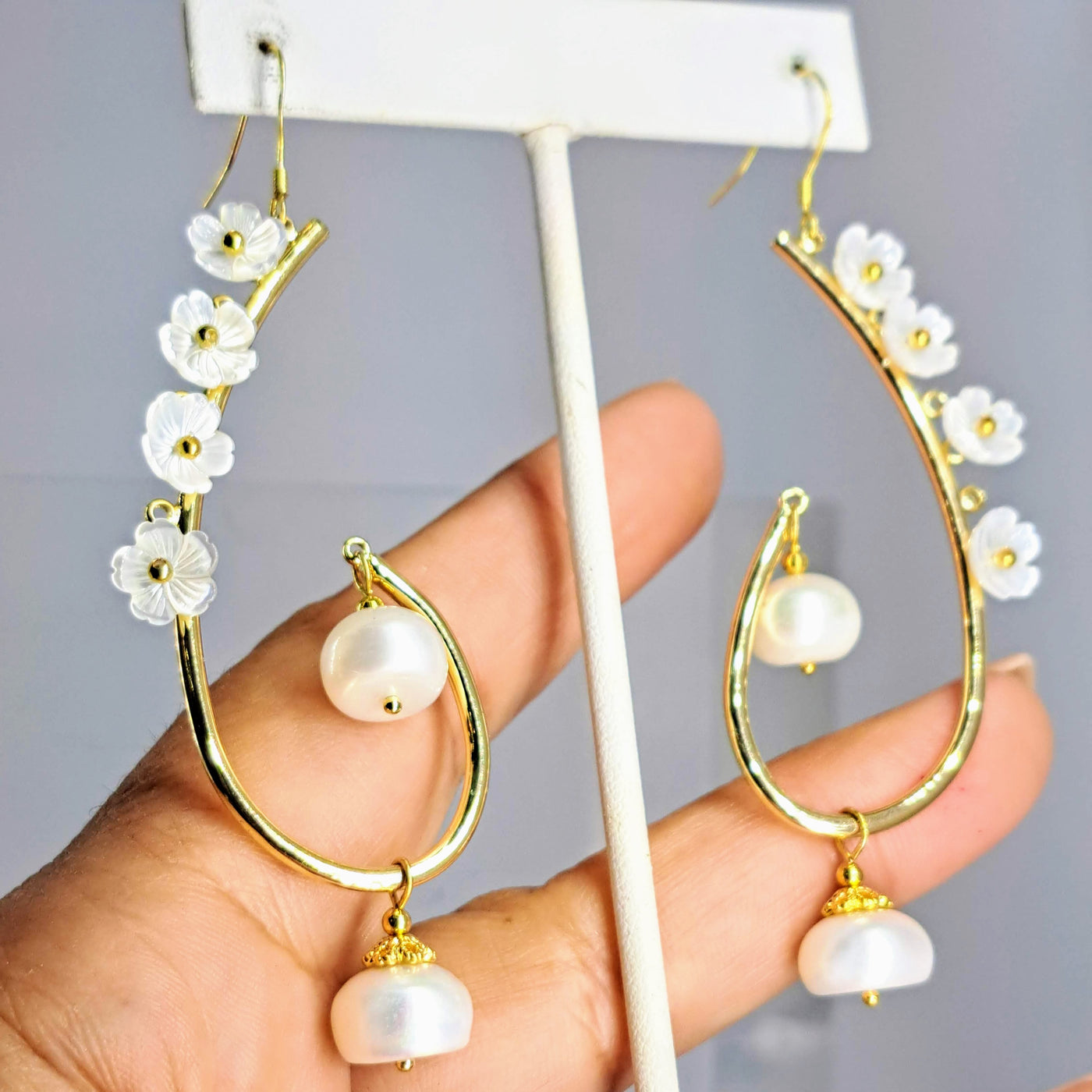 "Pearl Passion Vine" 3" Earrings - Pearl, Mother-of-Pearl, Gold Sterling