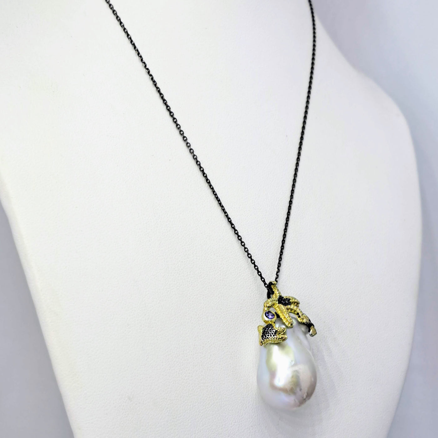 "Ocean Star" Pendant Necklace - Baroque Pearl, Amethyst, Black Sterling, 18k