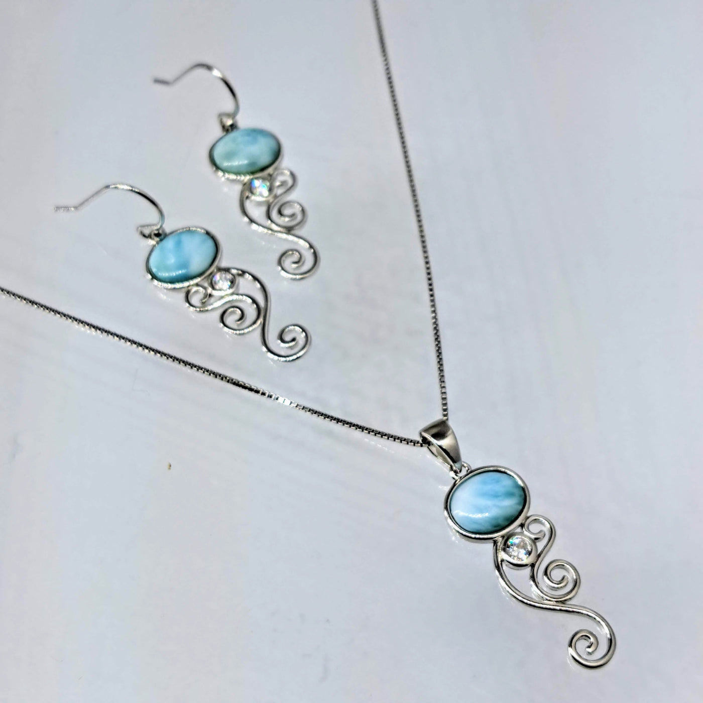 "Squiggles" 18" Necklace & Earring SET - Larimar, Anti-tarnish Sterling
