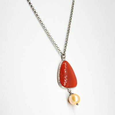 "Honey Cream" 18"- 20" Necklace - Carnelian, Pearl, Sterling
