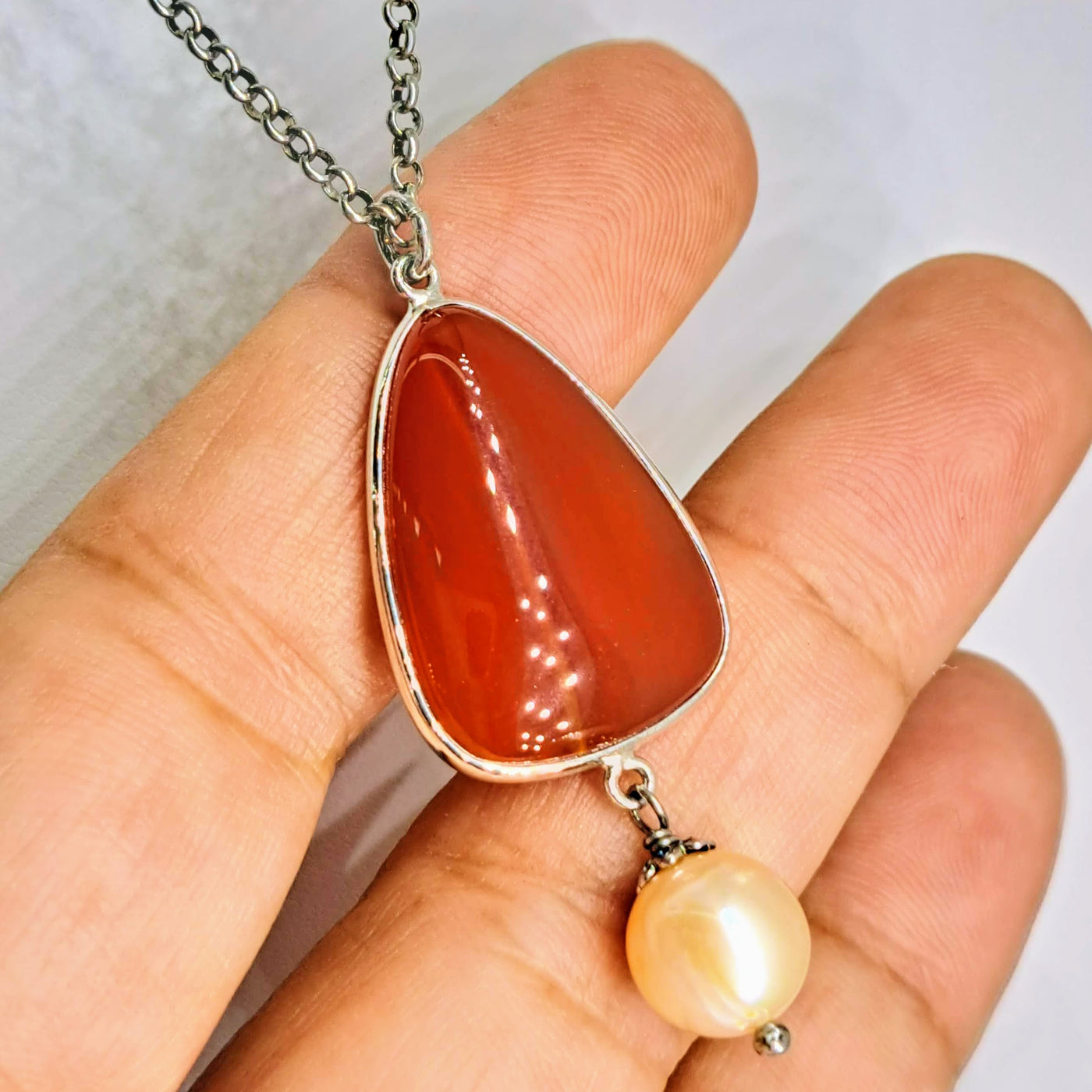 "Honey Cream" 18"- 20" Necklace - Carnelian, Pearl, Sterling