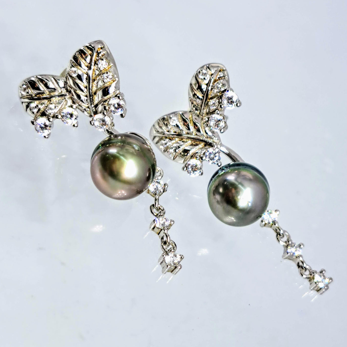 "Tahitian Sparkles" 1.5" Earrings - Tahitian Pearls, White Topaz, Anti-tarnish Sterling