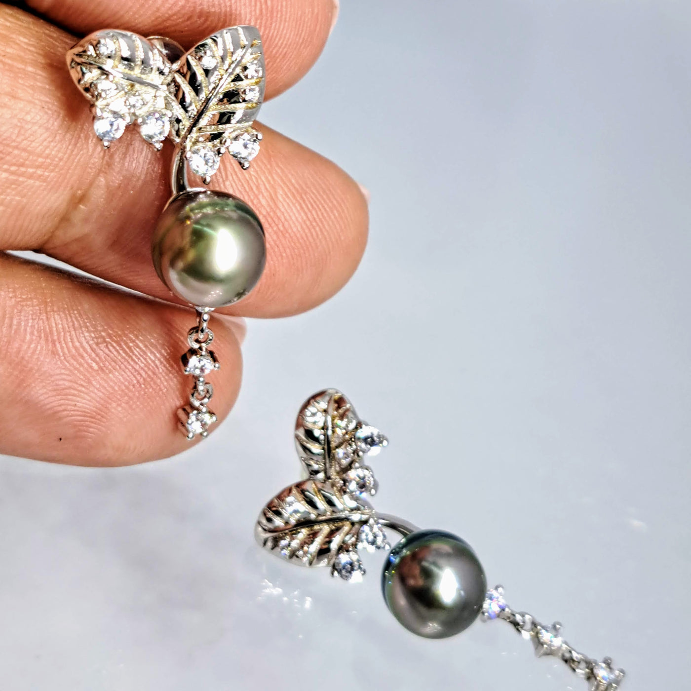 "Tahitian Sparkles" 1.5" Earrings - Tahitian Pearls, White Topaz, Anti-tarnish Sterling