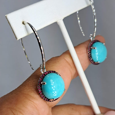 "Ruby Blues Day" 1.75" Earrings- Ruby, Amazonite, Anti-tarnish Sterling
