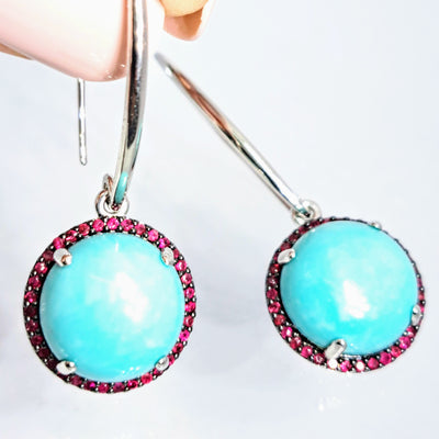 "Ruby Blues Day" 1.75" Earrings- Ruby, Amazonite, Anti-tarnish Sterling