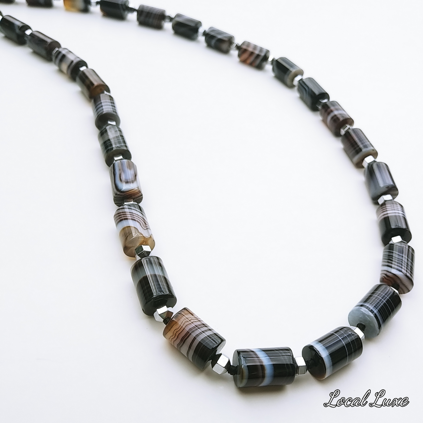 "With The Band" 40" Necklace - Banded Agate, Hematite, Sterling