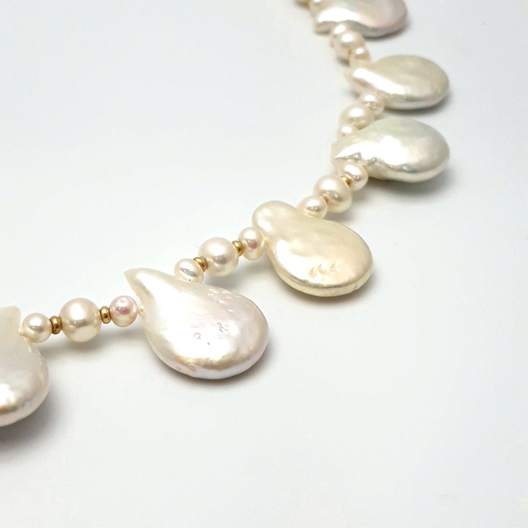 "Petalista" 18" Necklace - Baroque Coin Pearls,14K Gold