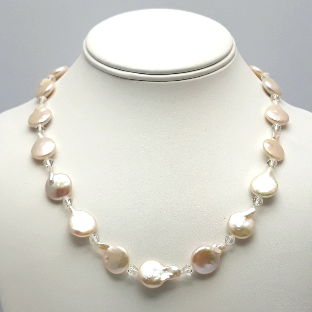 White Coin Pearl and Crystal 14K Gold Strand Necklace