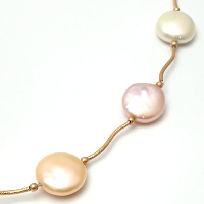 "Cotton Candy Clouds" Necklace - White Blush Champagne Coin Pearl 14K Gold Station
