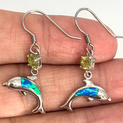 "Green Splash" 1.5" Earrings - Peridot, Opal, Anti-tarnish Sterling Silver, French hook