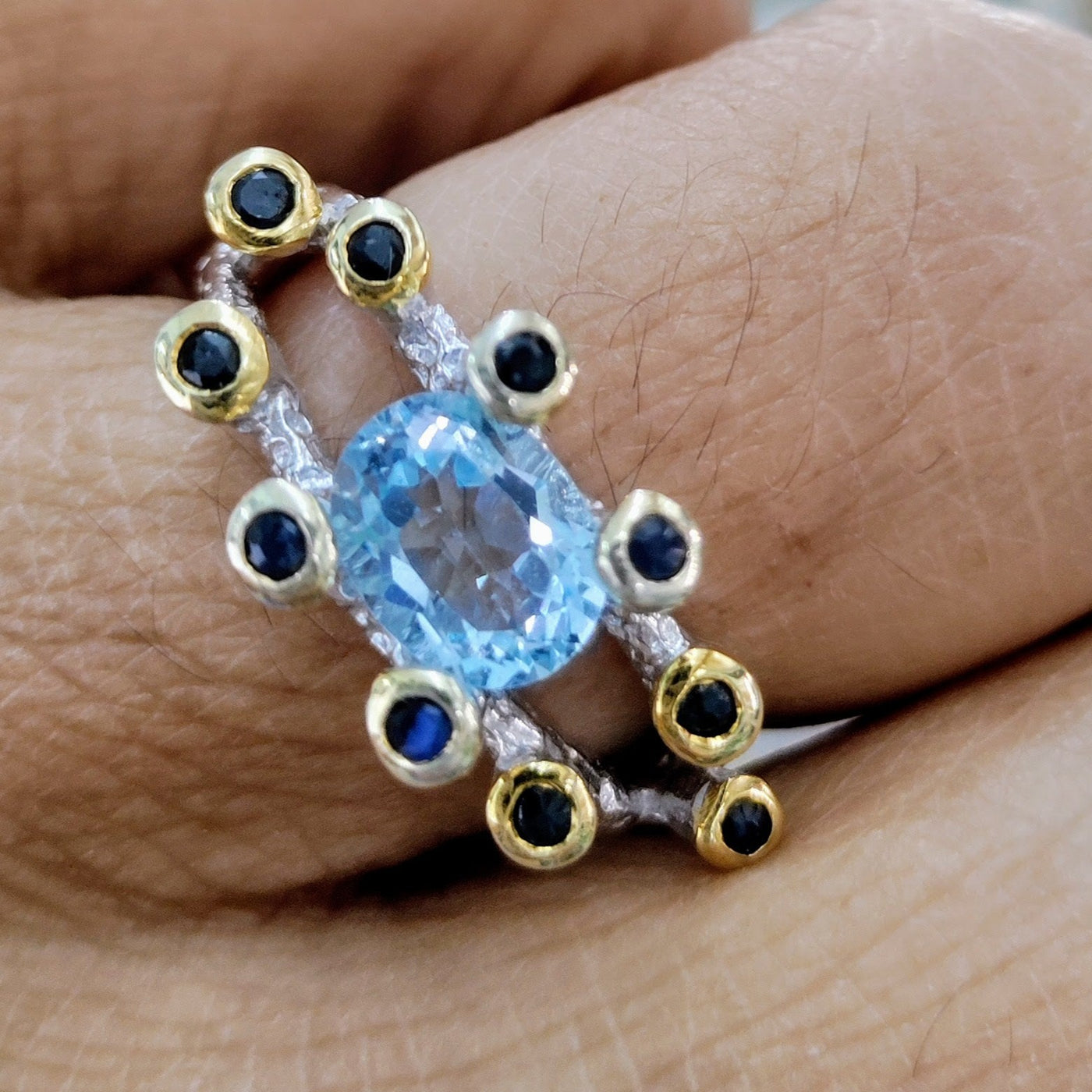 "The Jellyfish" Sz 7 Ring - Sapphire and Sky Blue Topaz