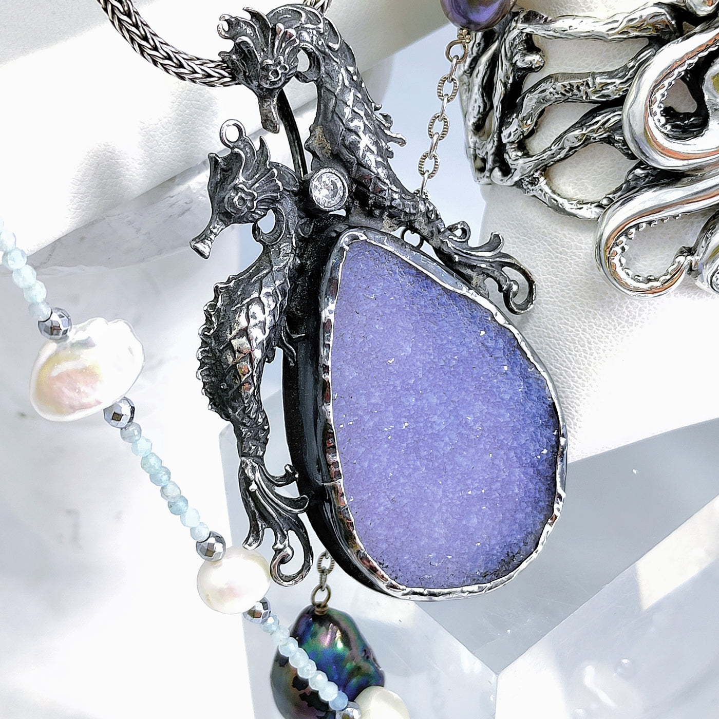 "Sparkle of the Sea" 24"  Pendant Necklace - Druzy, Sterling