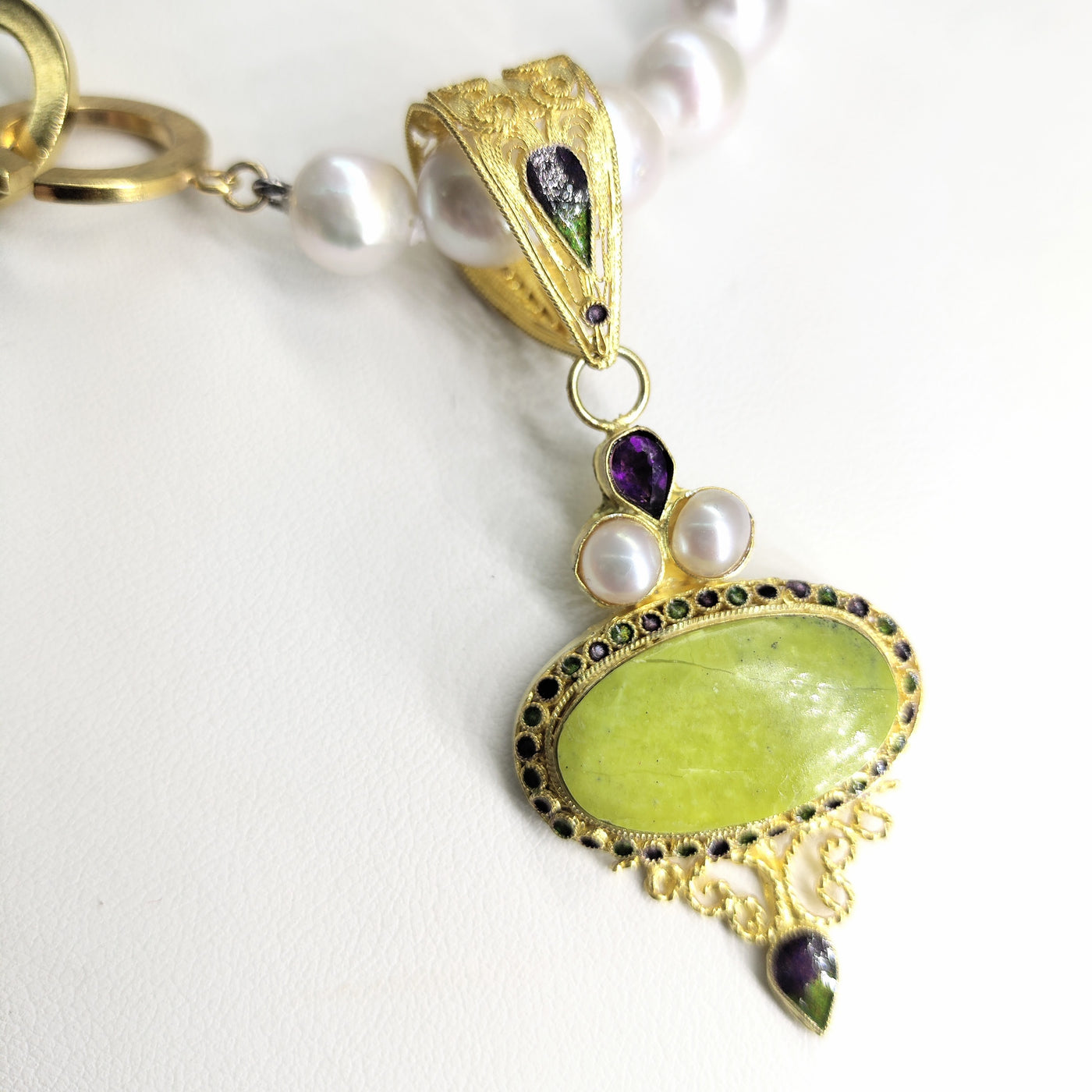 "The Lady-Qing" Pendant Necklace - Gaspeite, Amethyst, Pearls, Enamel, Gold Sterling