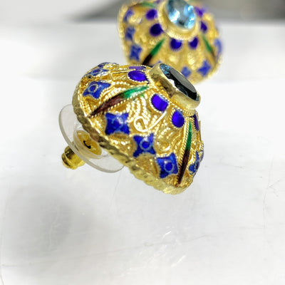 "The Royal Blues" Post Earrings- Qing Dynasty Style Earrings, Caribbean Blue Topaz, Enamel, 22k Gold Over Sterling