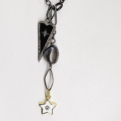 "Beautiful Neckmess"  Pendant Necklace by Barb - Raw Diamonds, Enamel & Pearl, Oxidized Sterling, Gold Brass