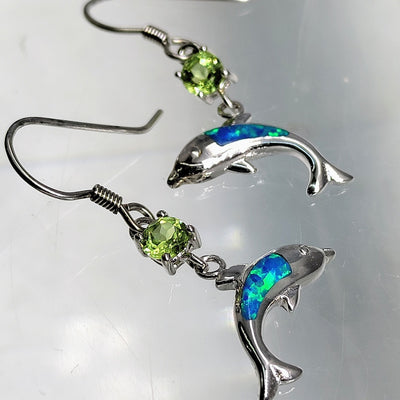 "Green Splash" 1.5" Earrings - Peridot, Opal, Anti-tarnish Sterling Silver, French hook