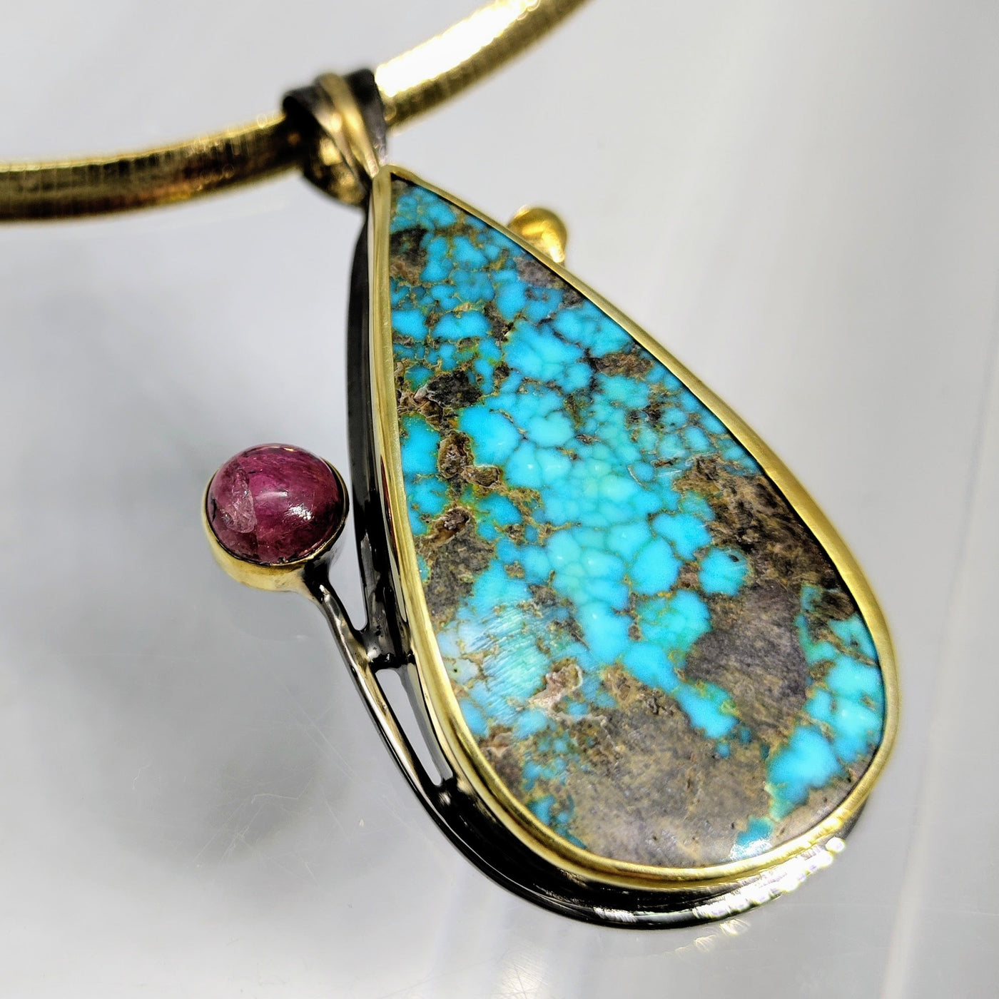 "She Would Be King" Pendant Necklace - Kingman Turquoise, Pink Tourmaline, Sterling 18K Gold