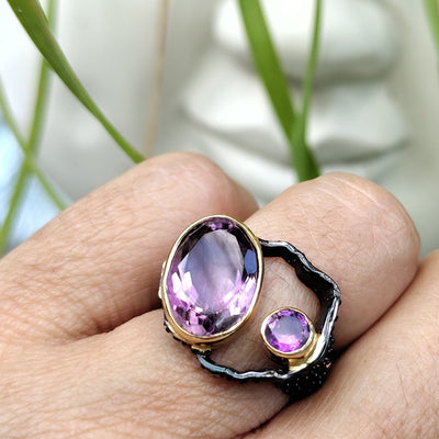 "Look Within" Sz 7 Ring - Amethyst, Black Rhodium, Sterling, 18K