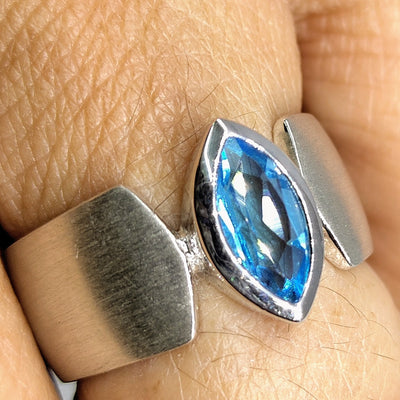 "Marquis For Me" Sz 7.5 Ring - Caribbean Blue Topaz, Wide-Band, Anti-tarnish Sterling