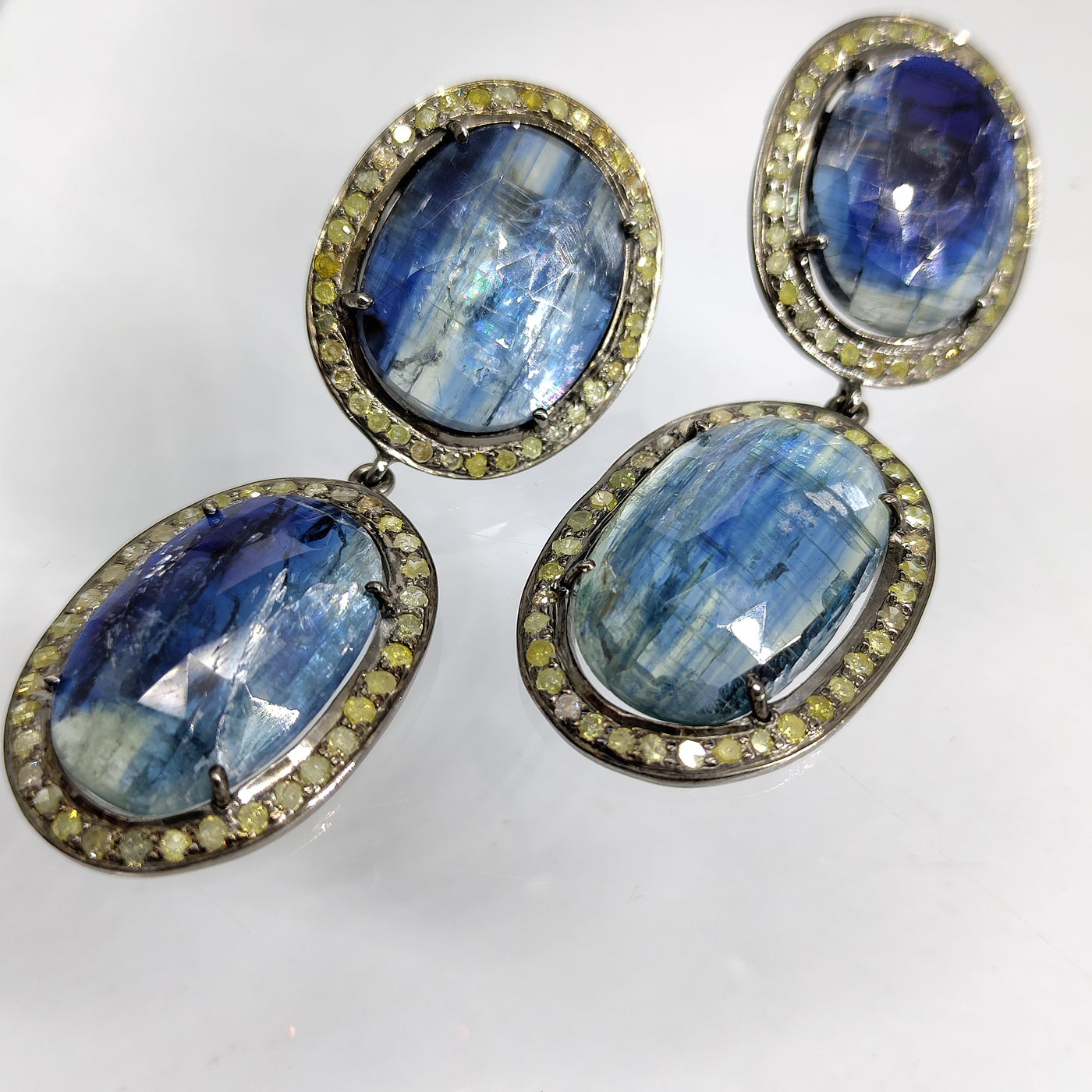 "Blue Velvet" Earrings - Natural Sapphire, "Raw" Canary Diamonds, Sterling