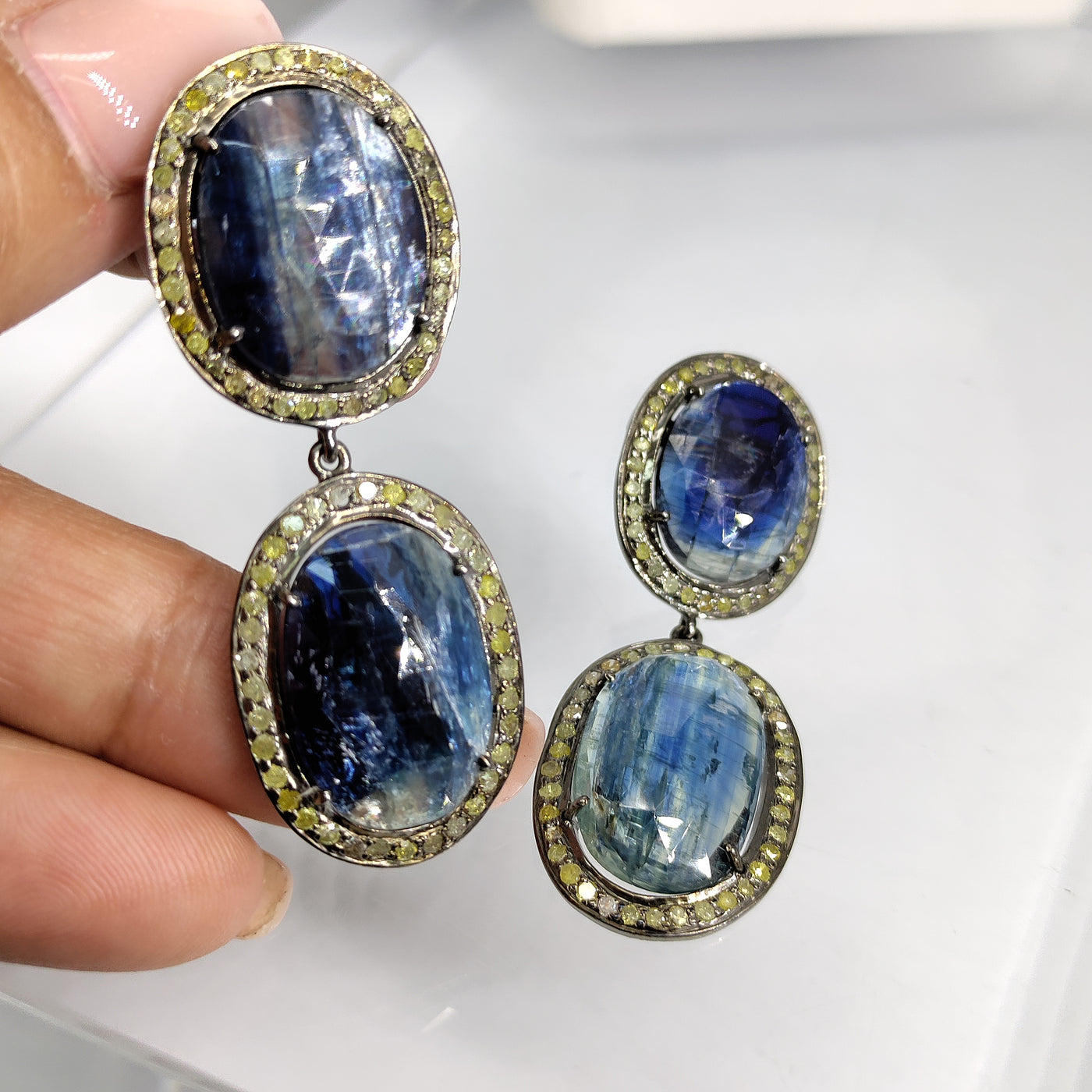 "Blue Velvet" Earrings - Natural Sapphire, "Raw" Canary Diamonds, Sterling